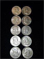 10 silver Benjamin Franklin half dollar coins