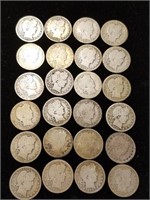 24 Barber silver quarters assorted dates