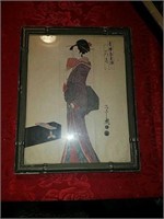 Antique geisha girl woodblock signed and framed