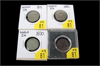 4- U.S. Shield nickels: 1870, 1871, 1882, 1882
