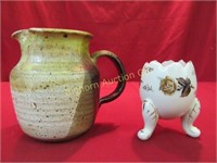 Stoneware Pottery Pitcher, Footed Egg Vase