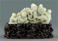 Chinese White Jade Boulder Carved Group of Boys