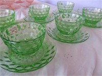 Vintage Green Depression Glass Cups & Saucers