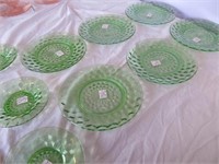 9pc Cubist Pattern Green Depression Glass Plates