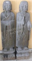 PAIR TALL CARVED SANDSTONE FIGURES OF ASIAN