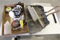 Misc box with tape measurer, mask, dust pan/broom