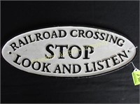 RAILROAD CROSSING, STOP-LOOK-LISTEN CAST IRON SIGN