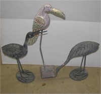 (3) Decorative tin metal garden birds. Tallest