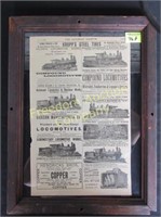 1892 RAILROAD GAZETTE FRAMED ADVERTISEMENT