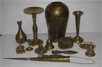 Collection of brass table items including