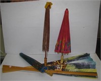 (2) Oriental style umbrellas and large fan with