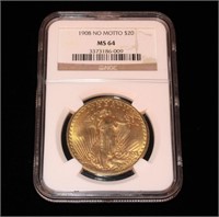 1908 $20 Gold Saint-Gaudens Double Eagle, NGC slab