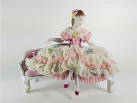 DRESDEN LACE PORCELAIN FIGURINE SITTING ON SOFA