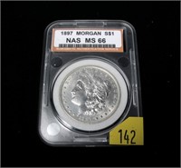 1897 Morgan dollar, slab certified MS-66