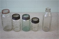 Milk Bottle & 4 Crown Jars