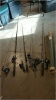 7 fishing poles and reels and case