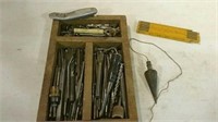 Antique plumb bob and miscellaneous chisels,