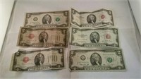 6 $2 bills series 1928 G, 1928 D, 1953, 1963 and