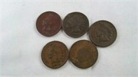 5 Indian Head pennies dated various years