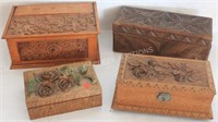 LOT OF 4 CARVED WOODEN BOXES, 2 W/FLORAL CARVING