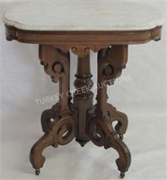 ORNATE VICTORIAN WALNUT MARBLE TOP TABLE, SHAPED