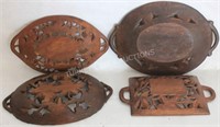 LOT OF 4 BLACK FOREST CARVED WOODEN TRAYS, OLD