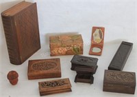 10 MISC CARVED WOODEN ITEMS, 6 BOXES, BOOK BOX,