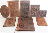 LOT OF 8 CARVED WOODEN ITEMS, 3 ALBUM COVERS,