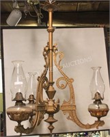 19TH C. CAST IRON, 3 ARM HANGING LAMP W/ STAG