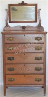 VICTORIAN OAK TALL CHEST WITH MIRROR, REFINISHED