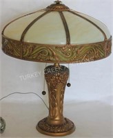 1920s BENT SLAG GLASS LAMP, ORIGINAL FINISH,