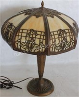 EARLY 20TH C. CARMEL SLAG BENT PANEL TABLE LAMP