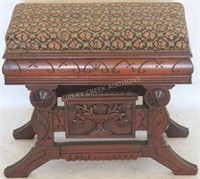 ORNATE CARVED WALNUT LIFT TOP ORGAN STOOL WITH