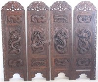 ORNATE CARVED 4 FOLD SCREEN WITH RAISED DRAGON