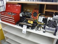 Lot Containing Tool Box, Drill, Compressor, Etc