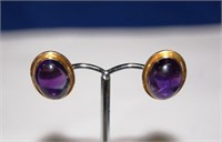Pair of 18ct gold earrings set with amethyst,