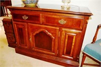 Serving cabinet with hinged fold over lid, fitted