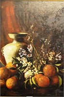 W. Thomas still life of flowers vase & oranges,