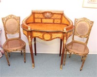 20TH C. LOUIS XV STYLE KIDNEY SHAPE DESK- 2 CHAIRS