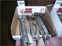 BOX OF CRESCENT WRENCH, HAMMER, FILTER WRENCH