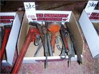 BOX OF PIPE WRENCHES, CHISEL, FILES & PUNCH