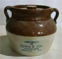 stoneware bean pot with advertising