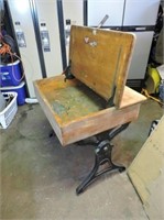Antique Wood School Desk w/ Cast Iron Base