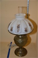 BRASS KEROSENE LAMP WITH SHADE, ELECTRIFIED