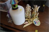 2 ANGEL FIGURINES, PILLAR CANDLE, WIND CHIME,