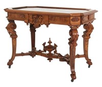 Walnut Inset Rouge Marble Top Table