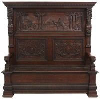 Unusual American Carved Oak Hall Bench