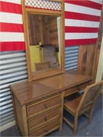 Vintage Wicker 4 Drawer Desk / Chair / Mirror Set
