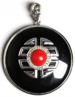 Sterling Silver, Onyx, Coral & Diamond Pendant