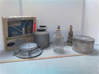 Vintage tin, bottle, lamp bases, beverage cooler,
